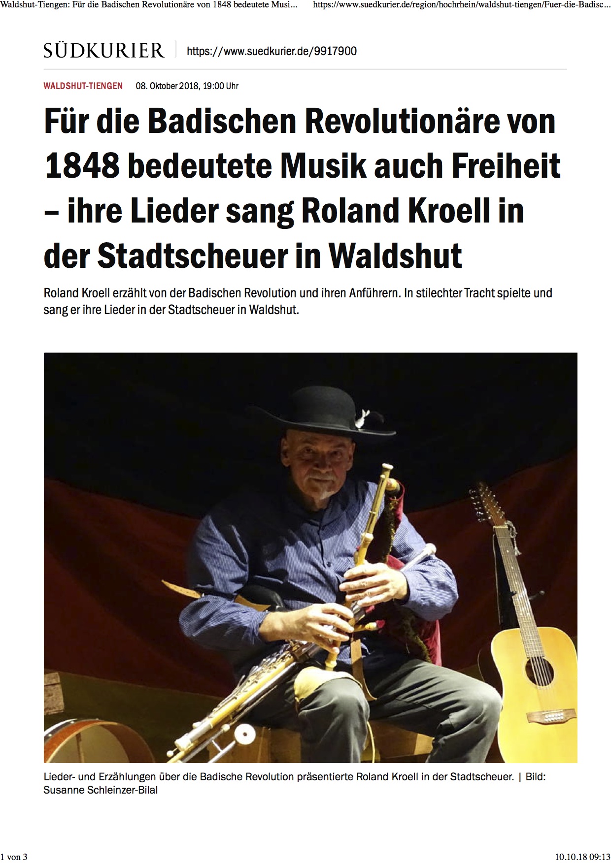 Waldshut-Tiengen: Für die Badischen Revolutionäre von 1848 bedeutete Musik auch Freiheit – ihre Lieder sang Roland Kroell in der Stadtscheuer in Waldshut | SÜDKURIER Online